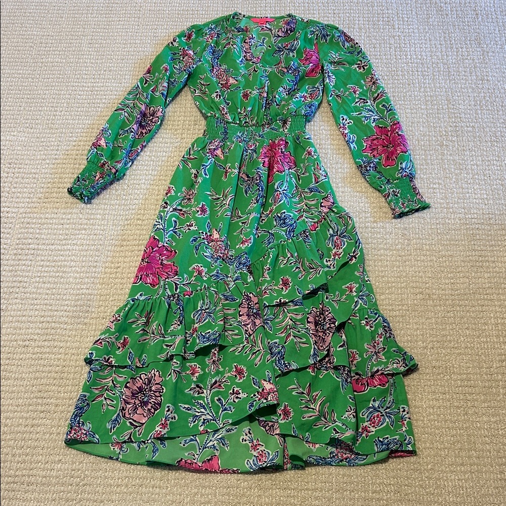 Lilly Pulitzer Green Floral Maxi Dress with Pink & Blue Accents